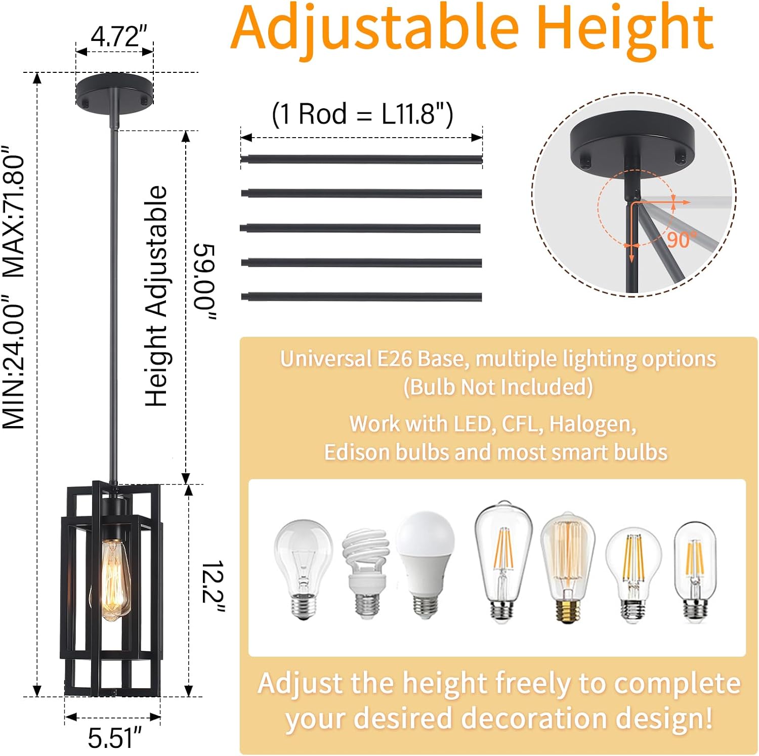 Farmhouse Pendant Light Fixtures 2 Pack 1 Light, Cage Black Finish Modern Pendant Lights with Max 59'' Adjustable, Small Square Pendant Ceiling Hanging Light for Kitchen Island Dining Room Entryway