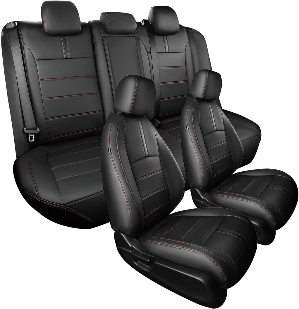 Seat Covers for Honda Civic Sedan EX-L, EX-T, EX, Touring, Sport 2016-2021, Faux Leather Car Seats Cover Full Set Waterproof Black Red Line (60/40 Split Seatback-with Rear Armrest)