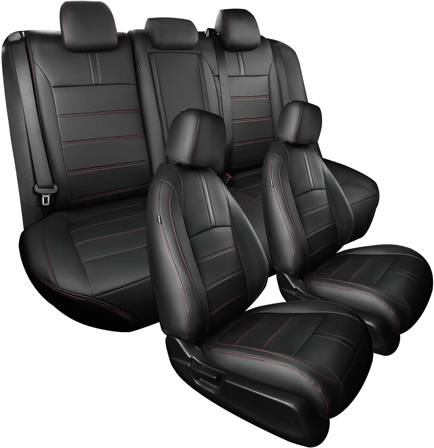 Seat Covers for Honda Civic Sedan EX-L, EX-T, EX, Touring, Sport 2016-2021, Faux Leather Car Seats Cover Full Set Waterproof Black Red Line (60/40 Split Seatback-with Rear Armrest)