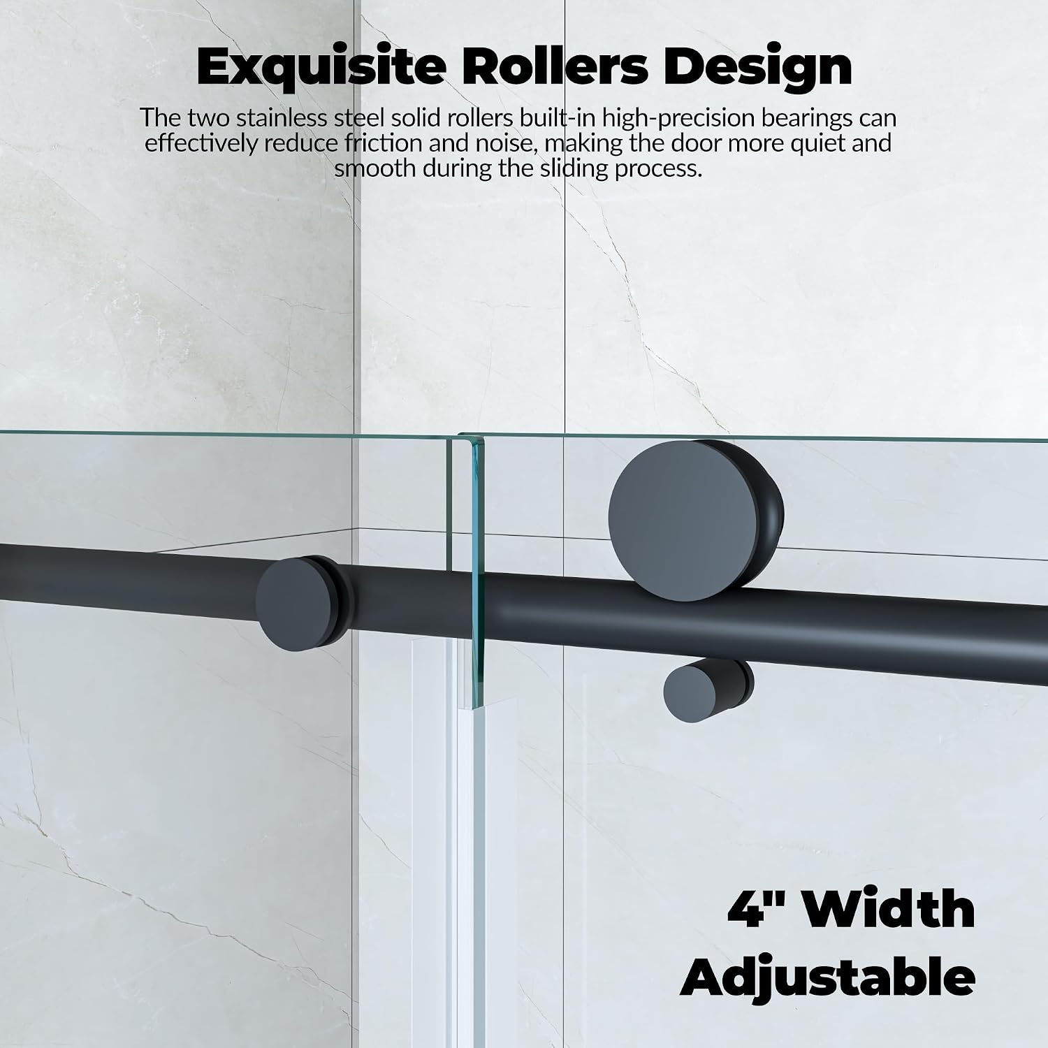 Frameless Sliding Glass Shower Door 56–60 Inch W x 76 Inch H – Single Sliding Door with Fixed Panel, 8mm Tempered Glass, Stainless Steel Round Rail, Matte Black