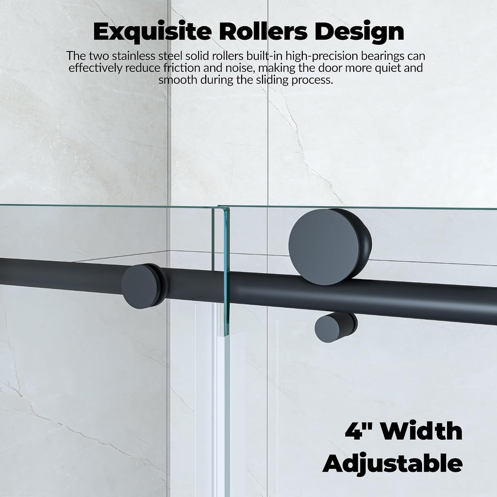 Frameless Shower Door 44–48 inch W× 76 inch H, Sliding Shower Door with Fixed Panel, Round Stainless Steel Track,6mm Tempered Glass, Matte Black, Stainless Steel Shower Door for Bathroom Renovation