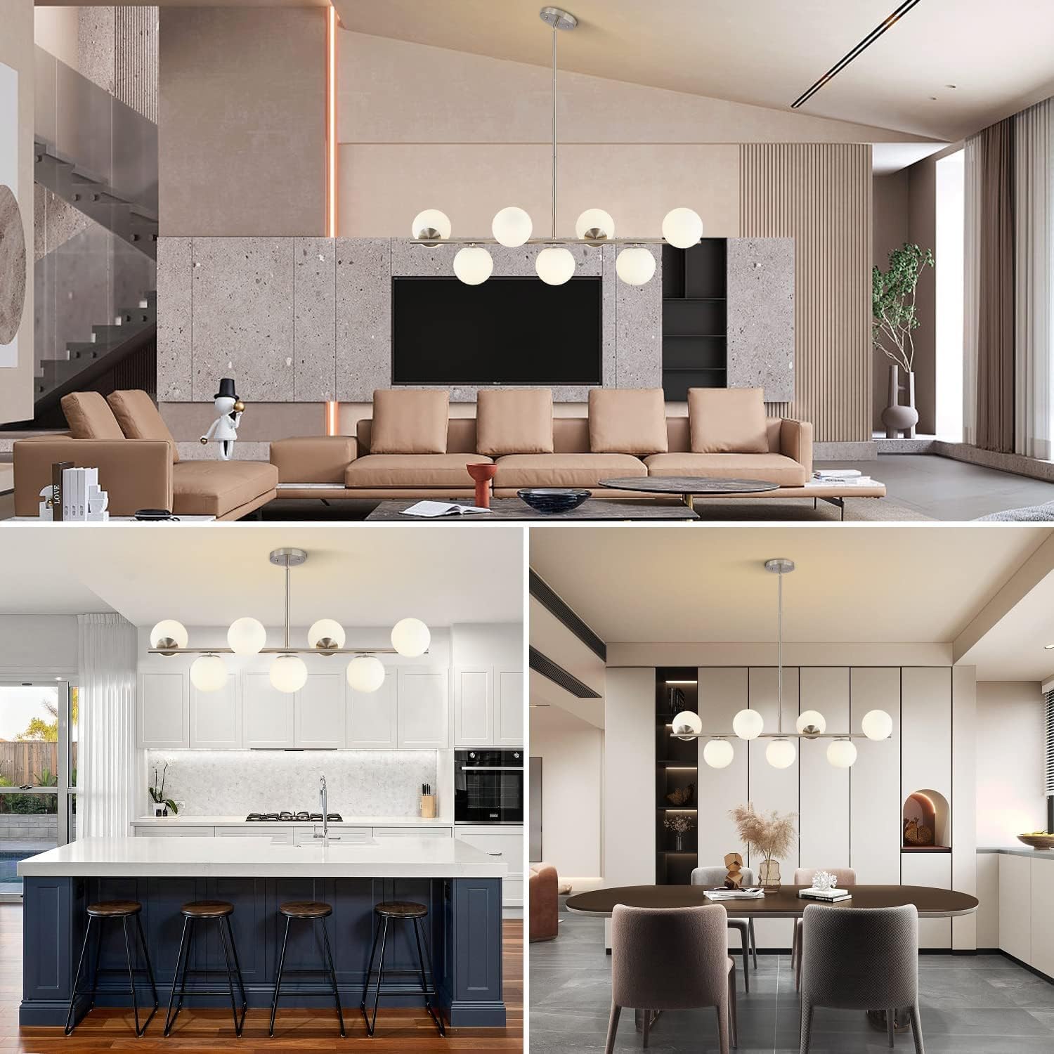 KCO Lighting 7-Light Linear Sputnik Chandelier Brushed Nickel Pendant Light | 31.5' Rod for Sloped Ceiling, 12W 3000K E26 Bulb Included, MCM White Milk Glass Light Fixture for Kitchen Island Dining Room