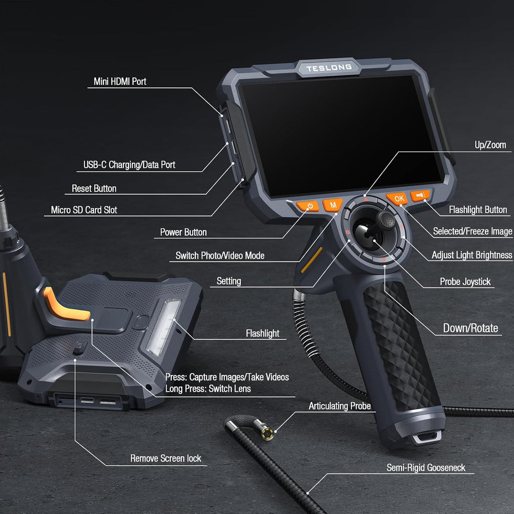 Teslong 4-Way Articulating Borescope with Dual Lens Endoscope, 1080P HD Steerable Mechanic Inspection Camera with with LED Light, See in Wall Automotive Engine Scope(0.24inch-5FT)