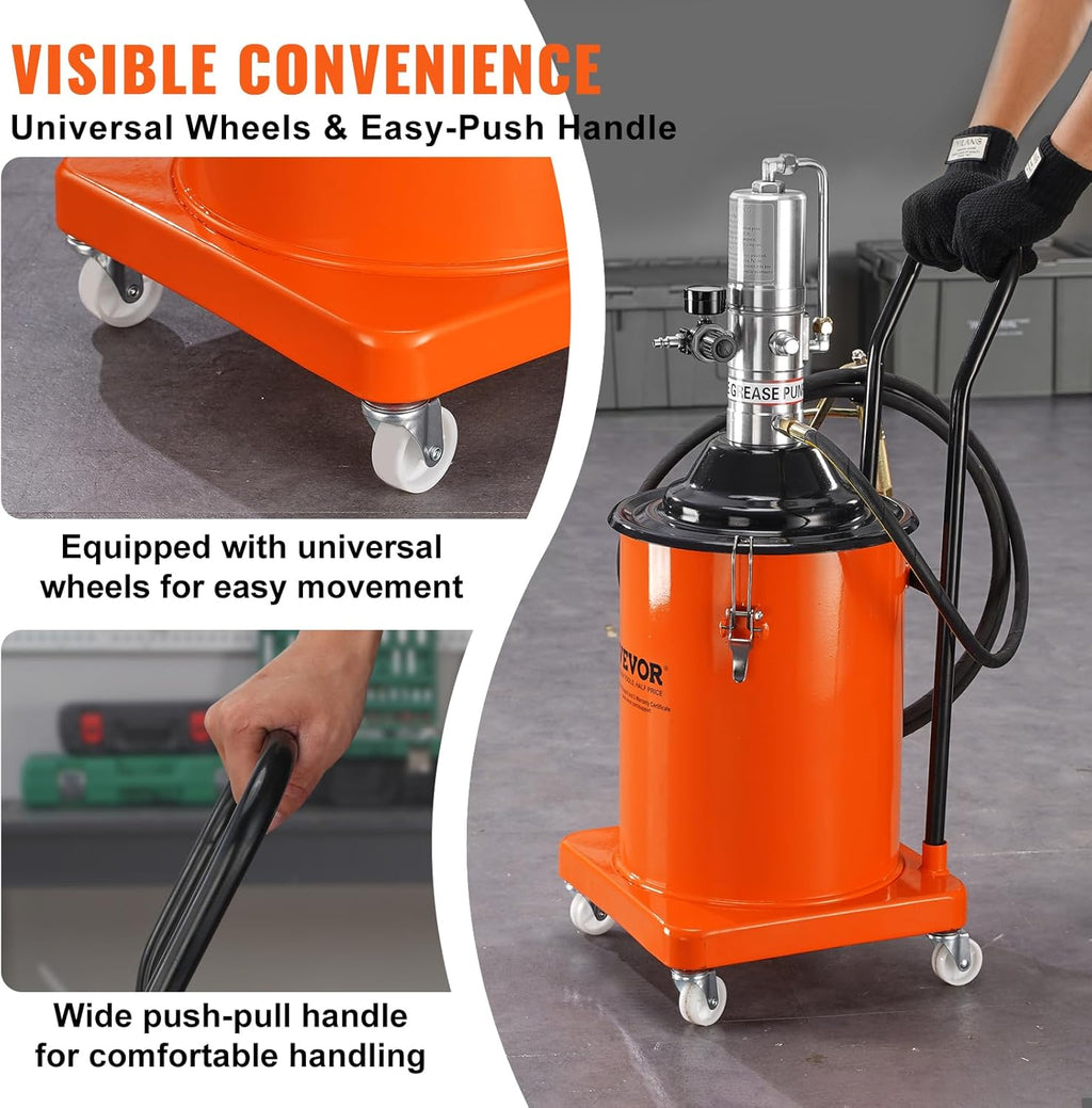 VEVOR Grease Pump, 5 Gallon Air Grease Pump with 13 ft High Pressure Hose and Grease Gun, 20L Pneumatic Grease Pump with Wheels, Portable Lubrication Grease Pump