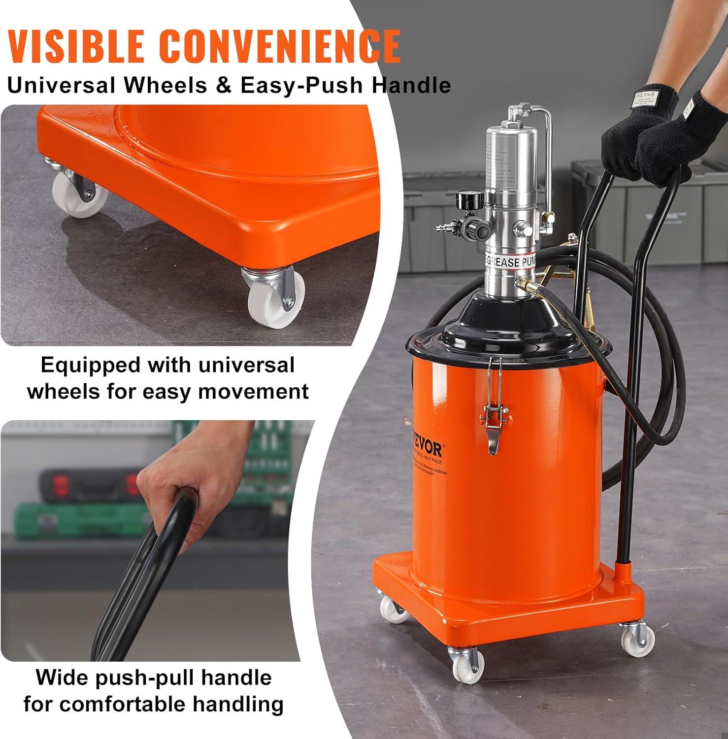 VEVOR Grease Pump, 5 Gallon Air Grease Pump with 13 ft High Pressure Hose and Grease Gun, 20L Pneumatic Grease Pump with Wheels, Portable Lubrication Grease Pump
