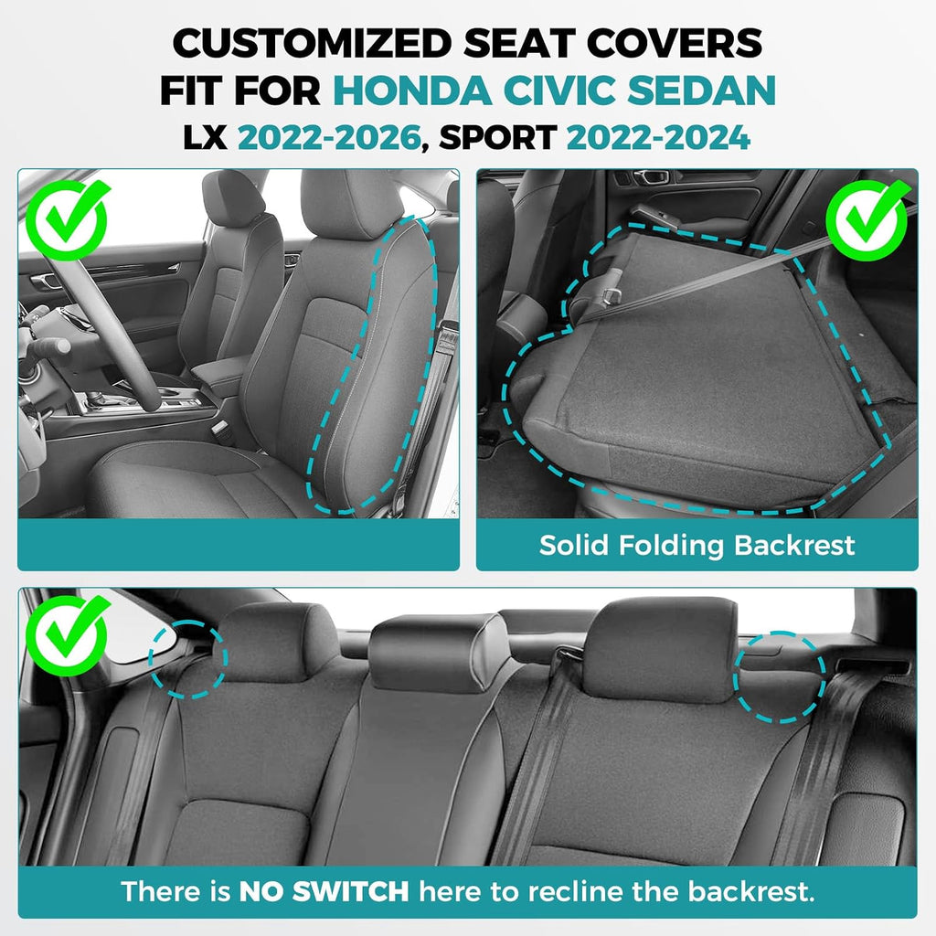 Seat Covers for Honda Civic Sedan Sport 2022 2023 2024 & LX 2022-2026, Custom Faux Leather Car Seats Cover Full Set Waterproof - Black Red Line (Solid Rear Seatback - NO Rear Armrest)