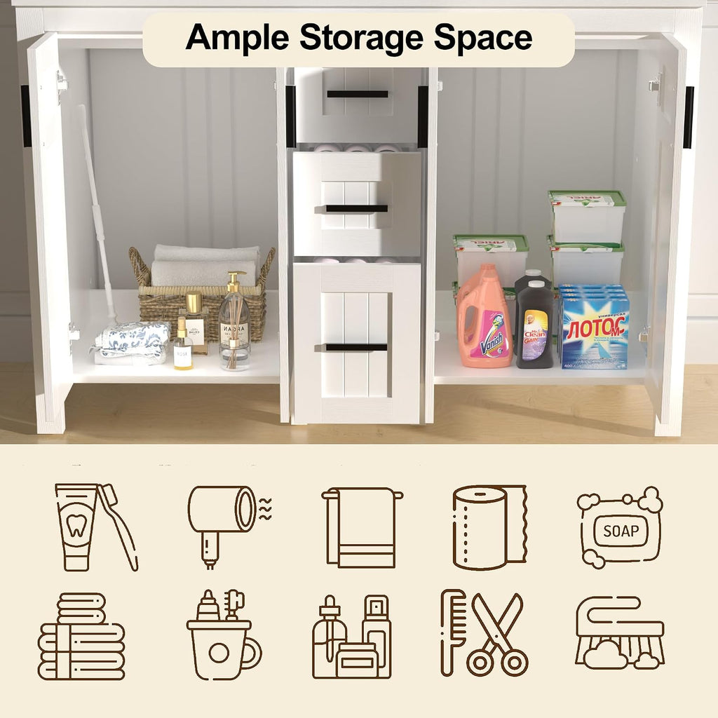UEV 30' Bathroom Vanity with Sink Combo,Modern Freestanding Sink Cabinet with 3 Drawers,Stylish Bathroom Vanity Cabinet,Grooved Door,Metal Handles,Vessel Sink (Arch Rectangle, 48''White)