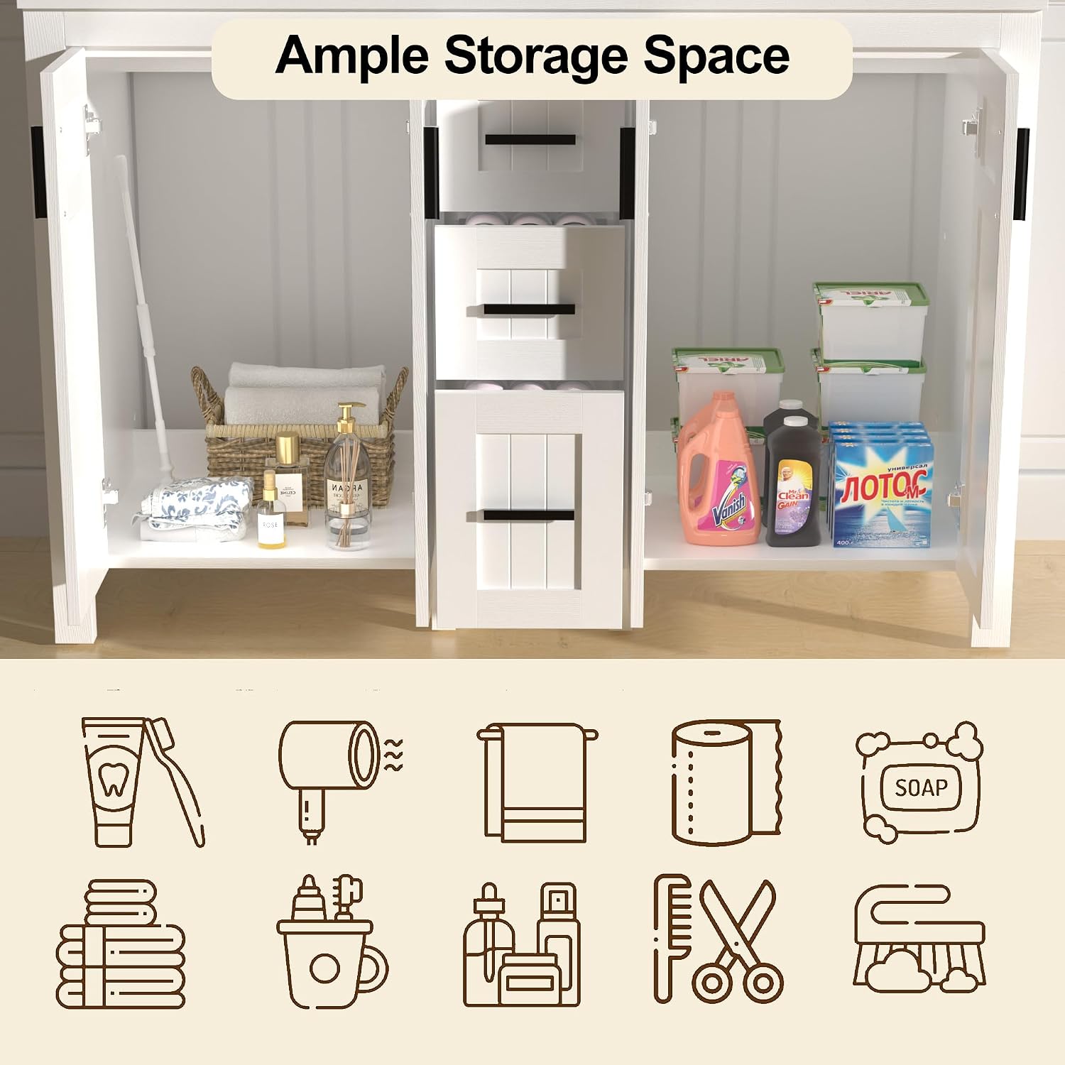 UEV 30' Bathroom Vanity with Sink Combo,Modern Freestanding Sink Cabinet with 3 Drawers,Stylish Bathroom Vanity Cabinet,Grooved Door,Metal Handles,Vessel Sink (Arch Rectangle, 48''White)