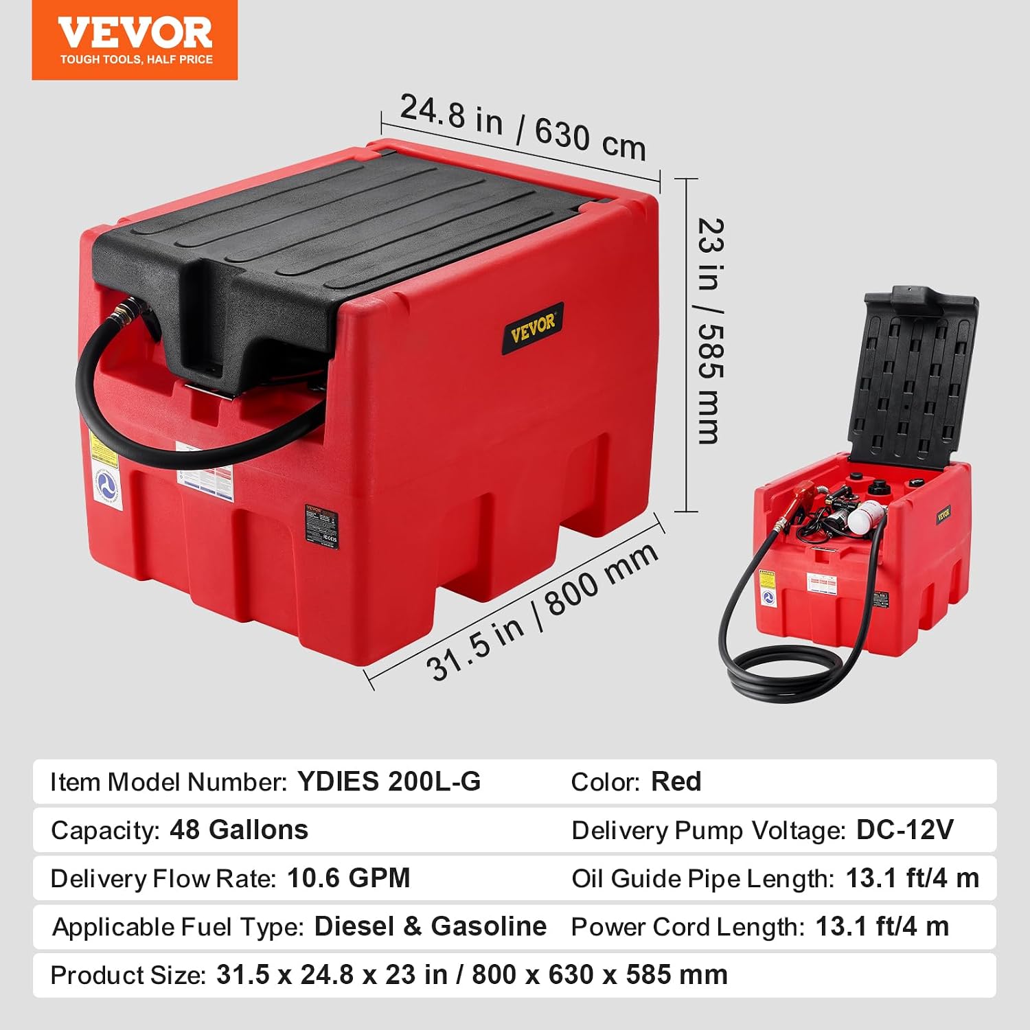 VEVOR Portable Diesel & Gasoline Tank, 48 Gallon, 10.6GPM Flow Rate, Diesel Fuel Tank with 12V Electric Transfer Pump, 13.1ft Hose, Auto Fueling Nozzle, Transfer Tank for Easy Fuel Transportation, Red