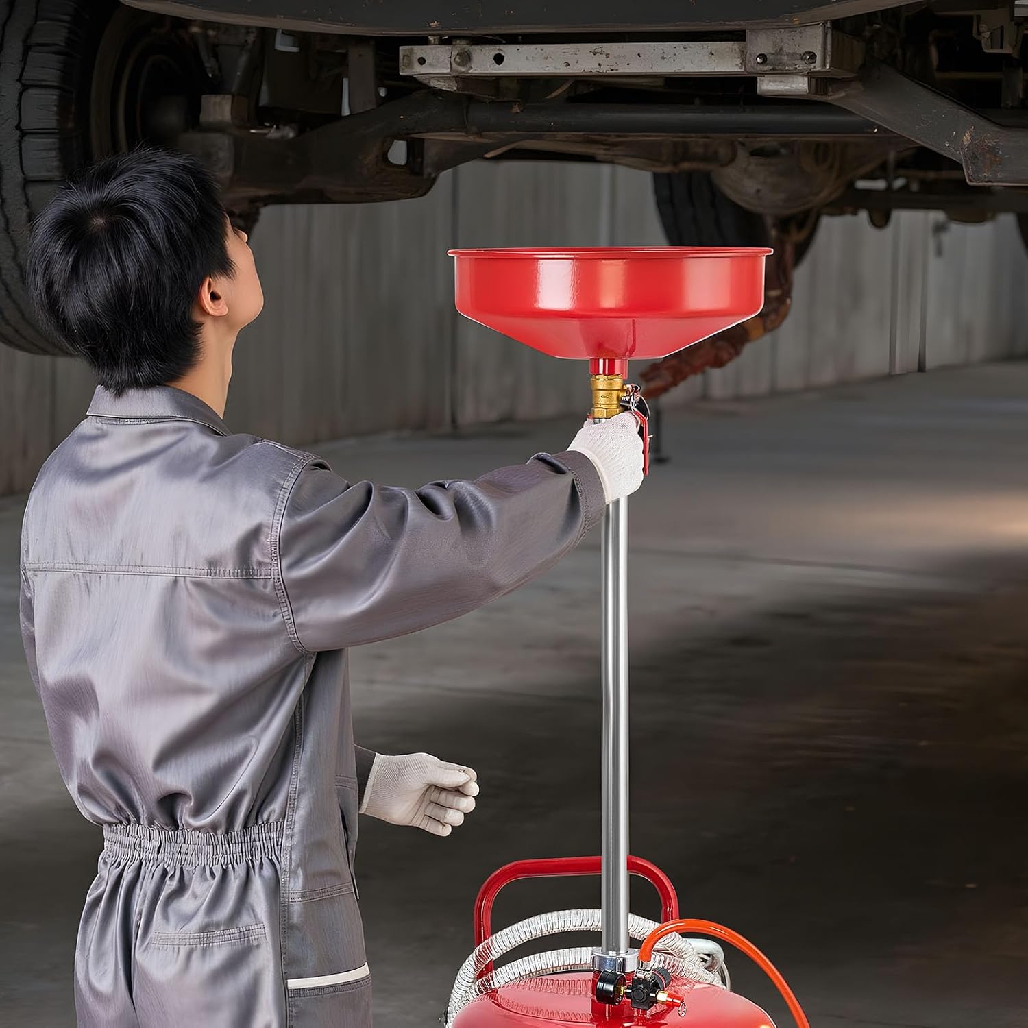 VEVOR 25 Gallon Waste Oil Drain Tank, Air Operated Portable Oil Drainer with Adjustable Funnel Height, Industrial Fluid Drain Tank with Wheels, Fluid Fuel Transfer Drainage for Auto Repair Shops, Red