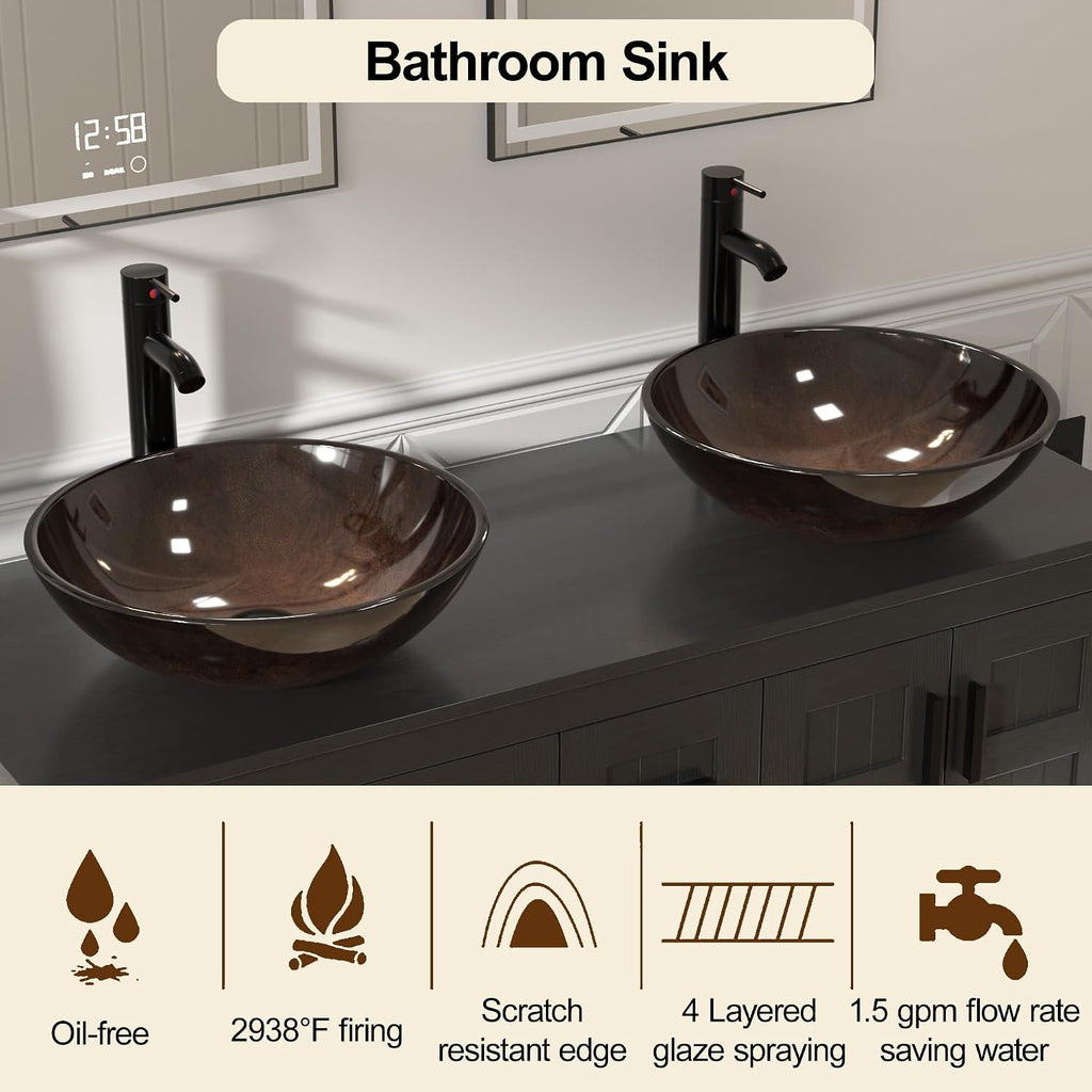 UEV 48' Bathroom Vanity with Sink Combo, Modern Freestanding Sink Cabinet with 3 Drawers, Stylish Bathroom Vanity Cabinet, Grooved Door, Metal Handles,Vessel Sink (Bronze Round Bowl, 48''Black)