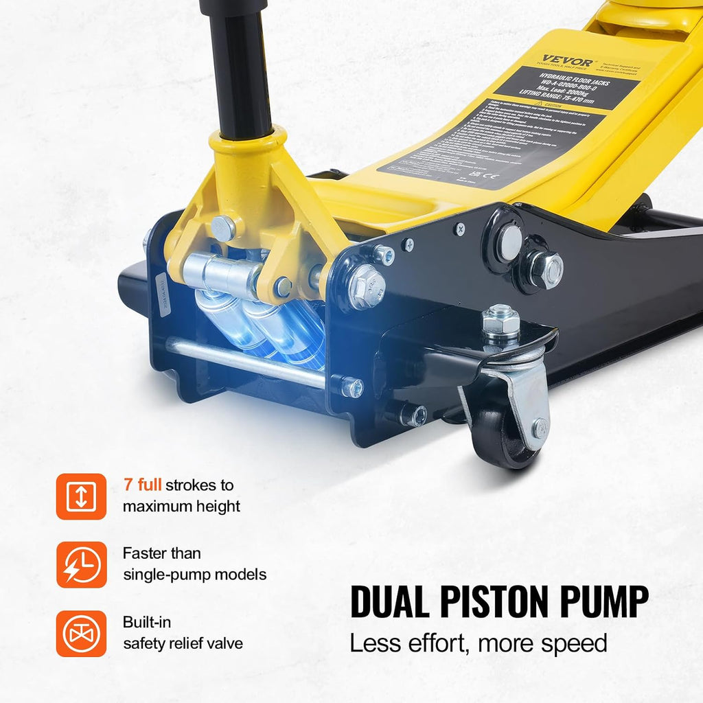 VEVOR Low Profile Floor Jack 2 Ton (4400 lbs), Heavy Duty Iron Hydraulic Racing Floor Jack, Hydraulic Car Jack, Dual Piston Quick Lift Pump, 3'-18.5' Height Lifting Range (Yellow)