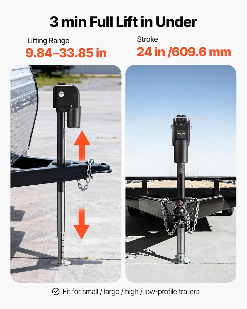 VEVOR Electric Trailer Jack, 7500 lbs Capacity, Electric Power Tongue Jack with Waterproof Protective Cover & LED Light for Travel Trailer, Camper, RV, 9.84-33.85 in Lift, 12V DC with Wiring, Black