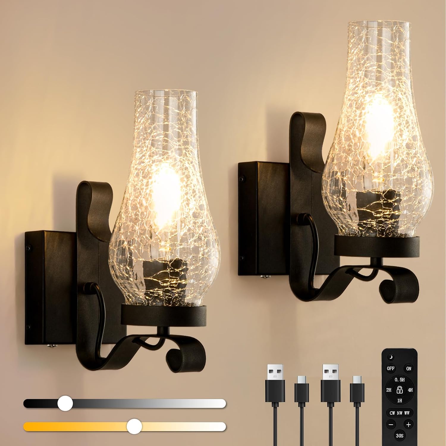 Battery Operated Wall Sconces, Ice Crackle Glass Lampshade Rustic Wall Lights, Non-Hardwired Antique Kerosene Wall Lamps, Vintage Bedside Black Wall Sconces Sets of 2 for Bedroom, Hallway etc