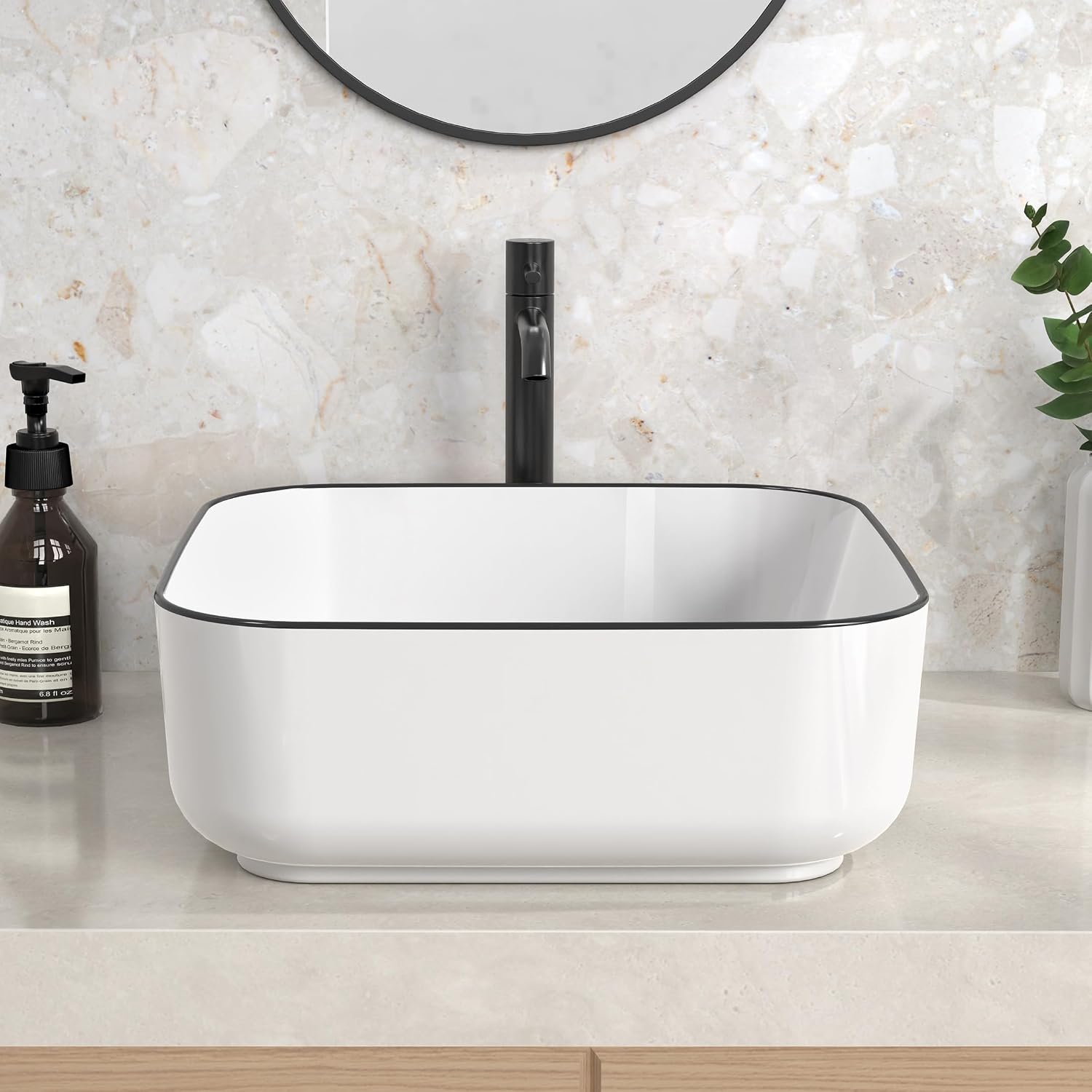 Countertop Bathroom Vessel Sink Black Trim Design 15 Inch Square, White Vessel Sink for Bathroom, Modern Ceramic Above Counter Bathroom Vanity Sink, Porcelain, CBS136