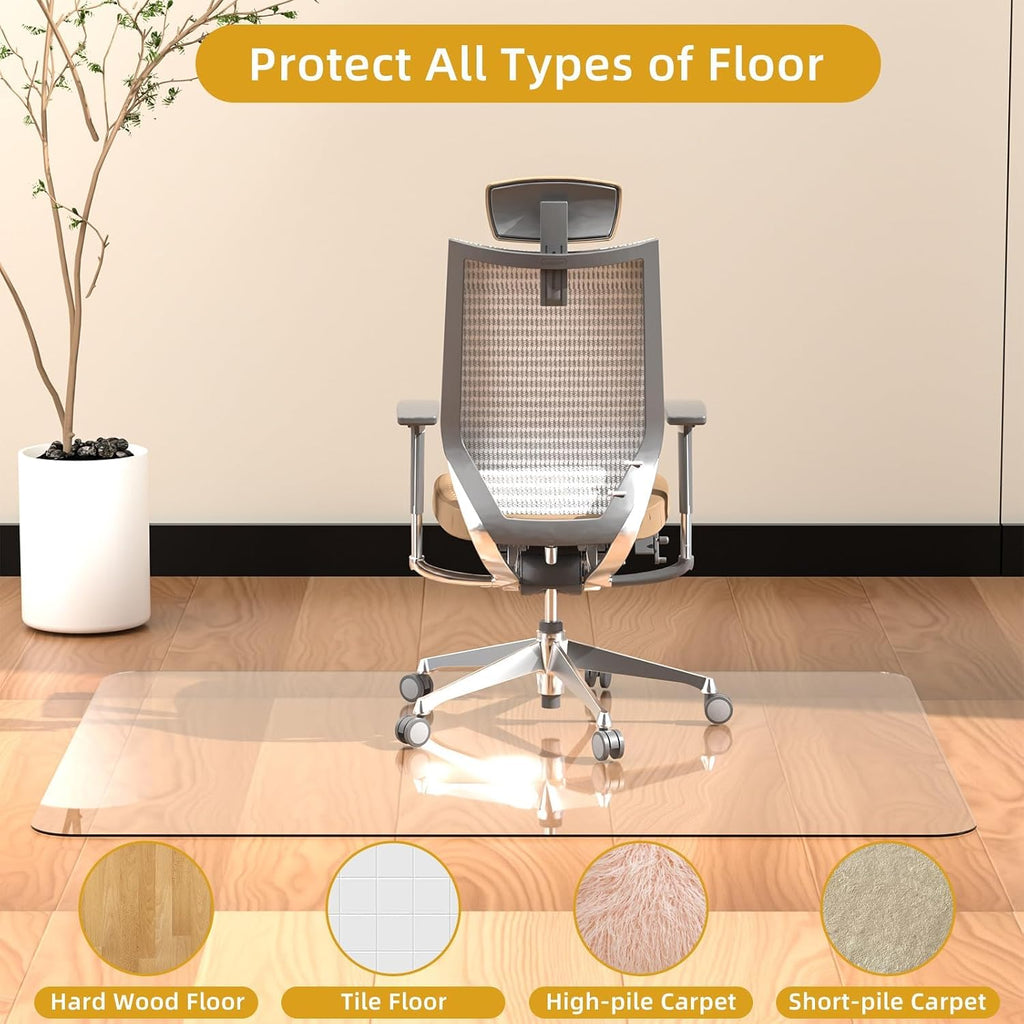 Tempered Glass Chair Mat 60' x 48' - 1/5' Thick, Heavy Duty, Anti-Slip Pads, for Office Chairs on Carpet or Hard Floorr with 4 Anti-Slip Pads, Rolling Glass Chair Mat