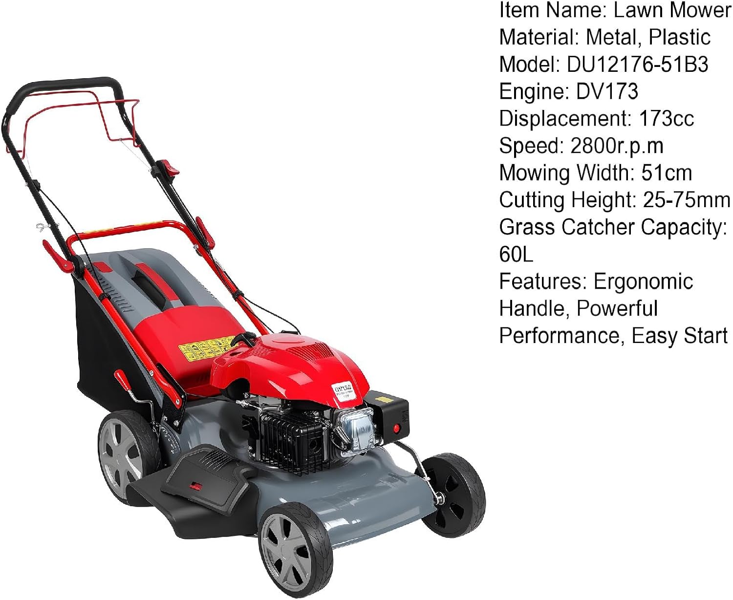 Self Propelled Lawn Mower 20-Inch with 60L Grass Bag - 173cc Gas Engine for Hills & Thick Grass 3-in-1 Mulch Bag Side-Discharge Rear Wheel Drive for Uneven Yards Lawn Care (173CC)