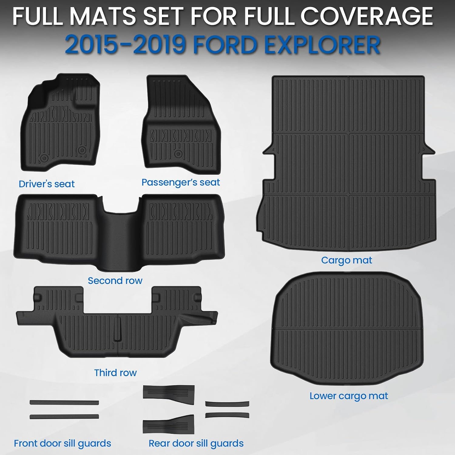 Floor Mats Cargo Mat Set for 2015-2019 Ford Explorer 7 Seats, Extra Sub-Trunk Mat and Door Sill Guards, All Weather TPE Floor Liners Cargo Liner Trunk Lower Mat Accessories