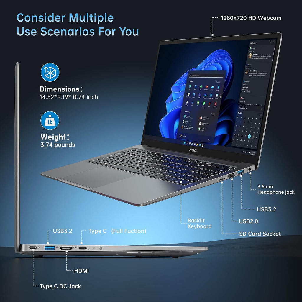AOC 2025 Laptop with AMD Ryzen 7 5700U Processor(8C/16T, Up to 4.3GHz), 16.1 inch FHD Display Laptop 16GB RAM 512GB NVMe SSD Laptop Computer, USB3.2, Type-C, WiFi 6, 53Wh Battery, Backlit KB