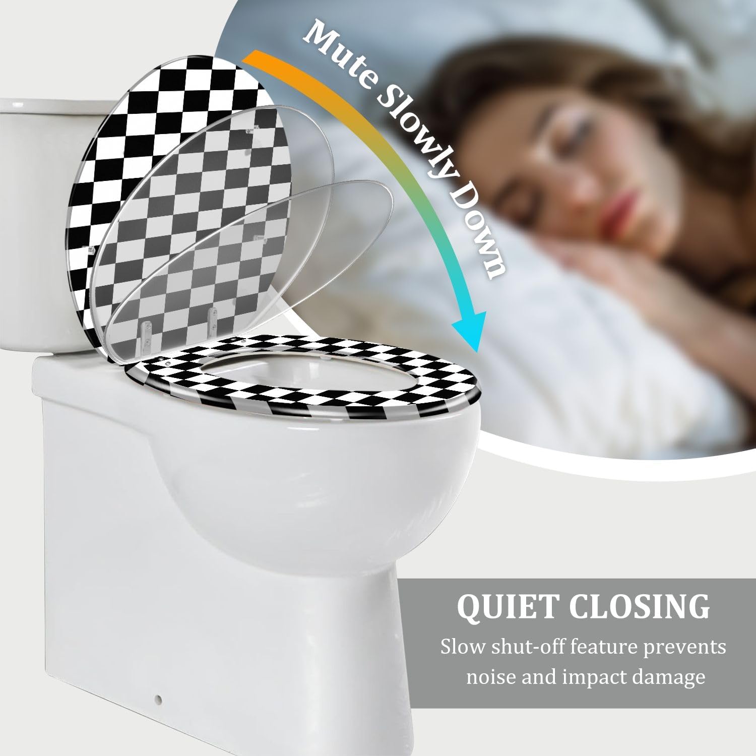 Round Toilet Seat Checkerboard black white for checkers chess featuring square pattern Resin Toilet Seat Quietly Close Quick Release Hinges with Cover Bumpers Decorative Easy to Install Clean