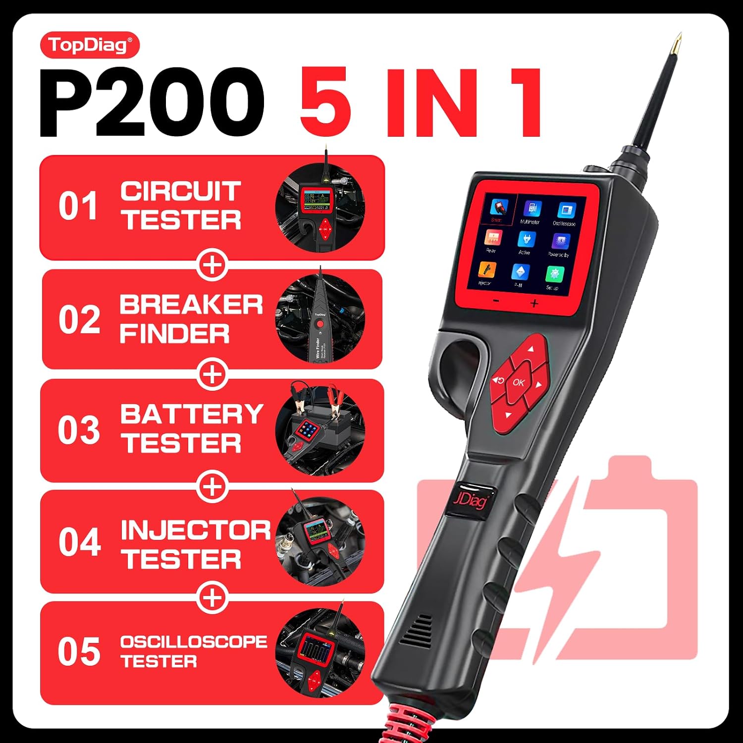 TopDiag P200 Power Circuit Probe Kit - Automotive Circuit Tester with 2024 Online Update, 9~30V Voltage Range, Multimeter, Relay Test, Fuel Injector Tester, Activating Component, Oscilloscope Mode