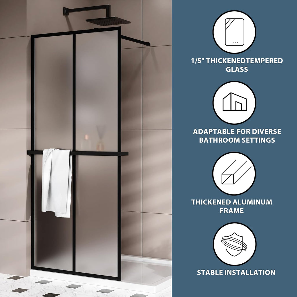 Goodyo 34' x 72' Shower Door Tempered Glass Shower Screen with Tool Bar Towel Rack for Walk in Bathroom