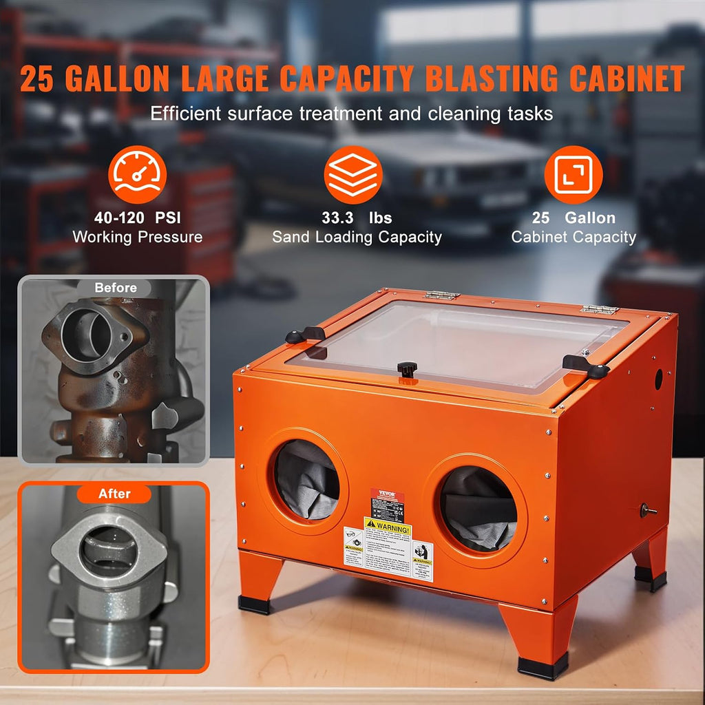 VEVOR 25 Gallon Sandblasting Cabinet, 40-120PSI Portable Benchtop Sand Blasting Cabinet, Heavy Duty Steel Sand Blaster with Blasting Gun & 4 Ceramic Nozzles for Paint, Stain, Rust Removal