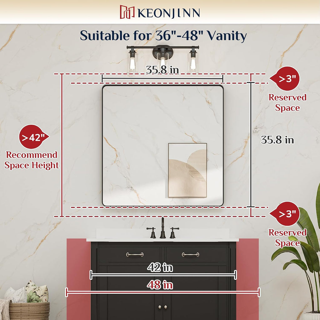 Keonjinn Black Bathroom Mirrors for Over Sink, 36 x 36 Inch Large Square Mirrors for Wall, Rounded Rectangle Matte Black Farmhouse Vanity Mirror, HD Tempered Glass Modern Mirror(Horizontal/Vertical)
