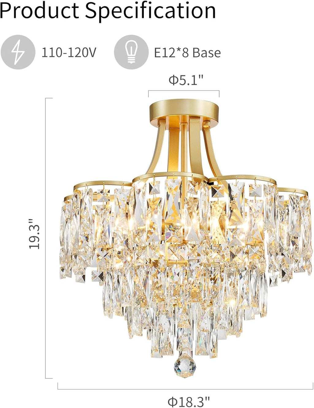 WUZUPS Crystal Chandelier Semi-Flushmount Ceiling Light Modern Lighting Fixture for Bedroom Hallway Entry Kitchen Bathroom, H 19.3' x W 18.3', E12 Base, Gold