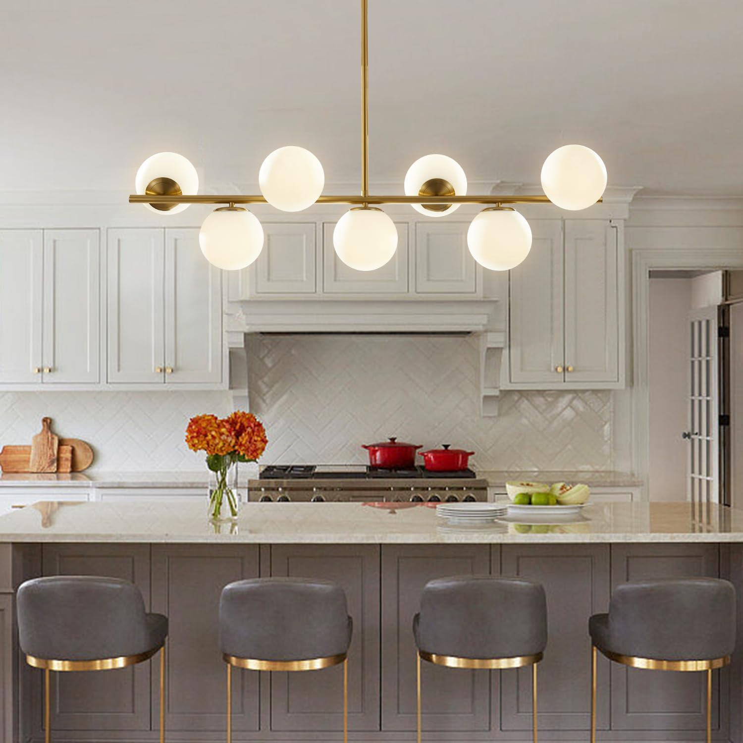 KCO Lighting Modern Brass Linear Chandelier Pendant Light 7-Lights Gold and White Glass Pendant Lighting Mid Century Globe Dining Light Fixture for Living Room Kitchen