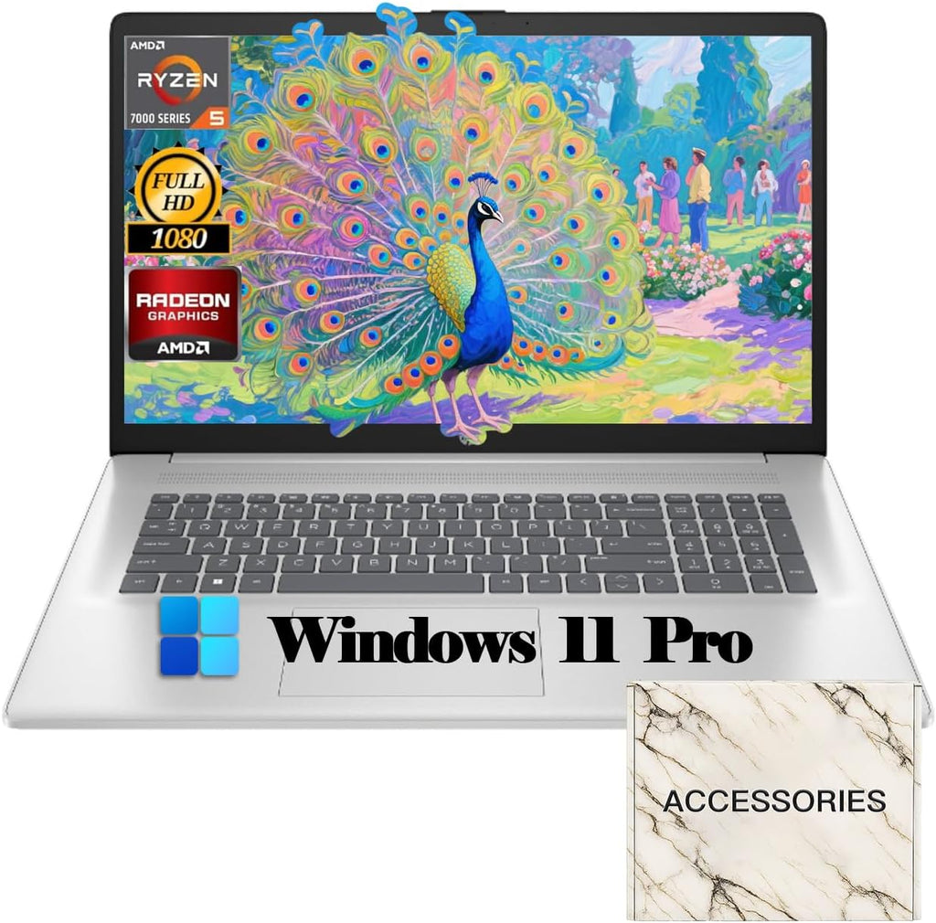 HP 17.3' FHD Laptop for Students and Business, Windows 11 Pro, AMD Ryzen 5 7430U, 1920 * 1080 Display, 16GB Memory, 512GB SSD, Webcam, Wi-Fi, Bluetooth, w/Accessories