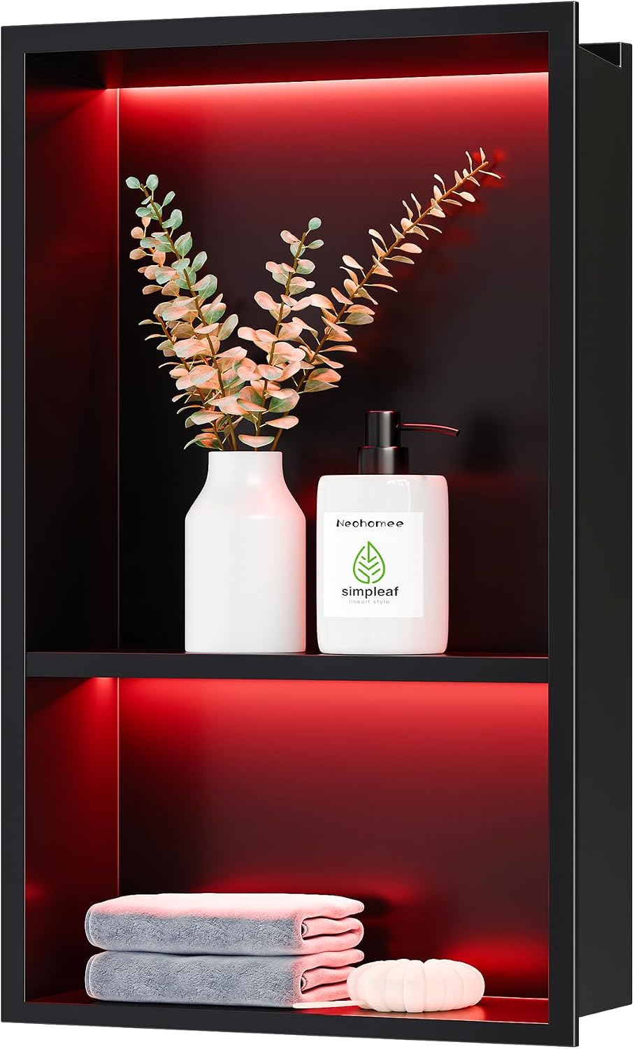 2-Tiers 12x18Inch Wall Niche with RGB LED Light Strips, Matte Black Shower Niche Cabinet, Stainless Steel Bathroom Shelf, NO Tile Needed Recessed Storage Organizer