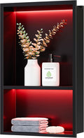 2-Tiers 12x18Inch Wall Niche with RGB LED Light Strips, Matte Black Shower Niche Cabinet, Stainless Steel Bathroom Shelf, NO Tile Needed Recessed Storage Organizer