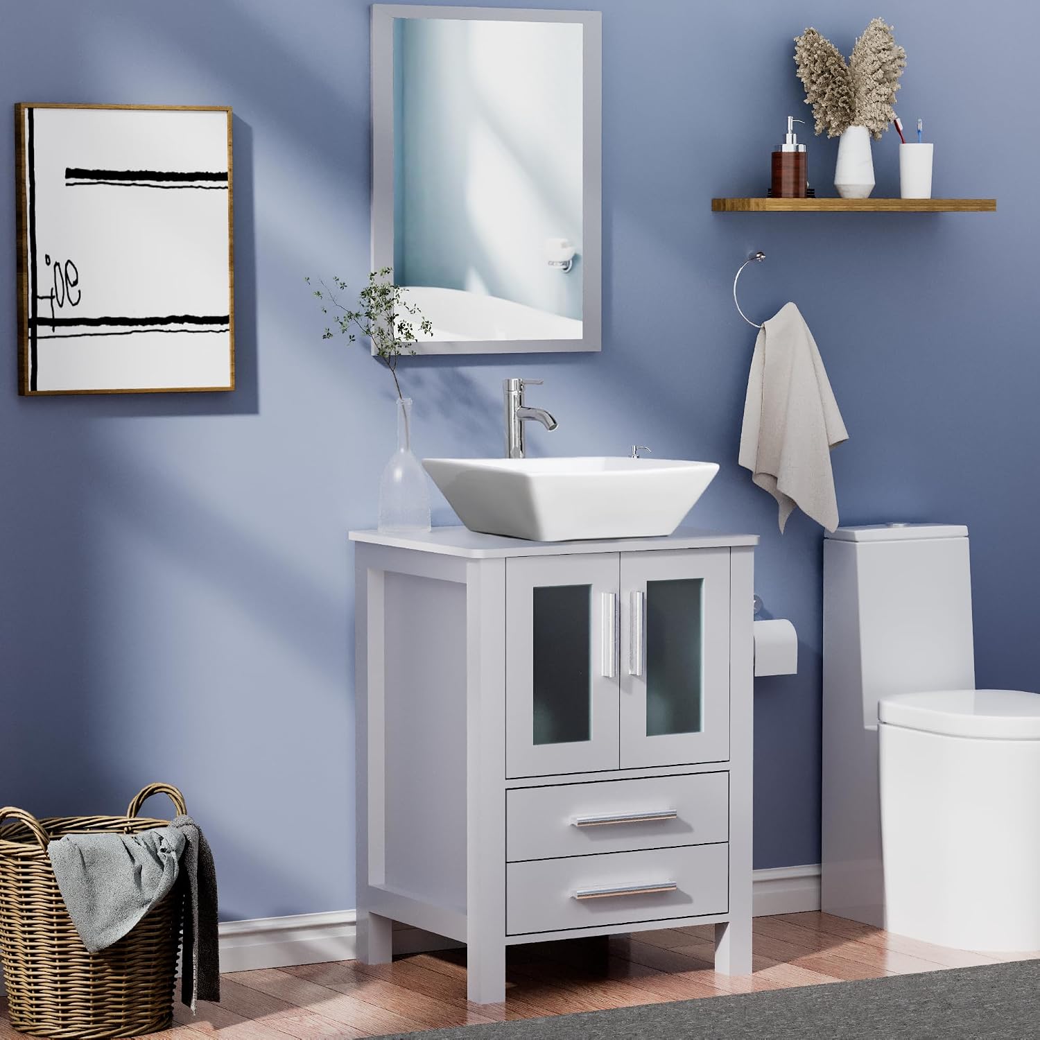 UEV 24' Grey Bathroom Vanity with Ceramic Vessel Sink, ORB Faucet, MDF Vanity with Pop Up Drain and 30% Water-Saving Design, Soft Closing Drawers/Doors,Mirror Not Included (A07)