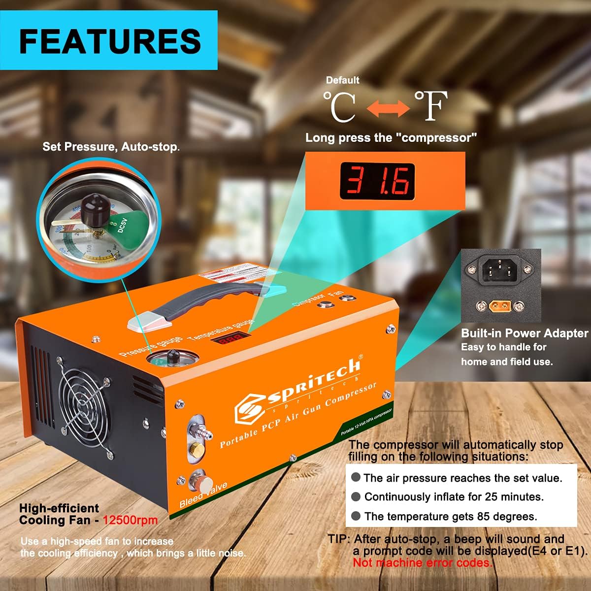 PCP Air Compressor,Auto-shutoff 4500Psi/30Mpa Oil/Water-Free Set-pressure Air Gun and Paintball Tank Pump with Water/Oil Separator,Built-in Power Adapter(110V AC or 12V Car Battery)