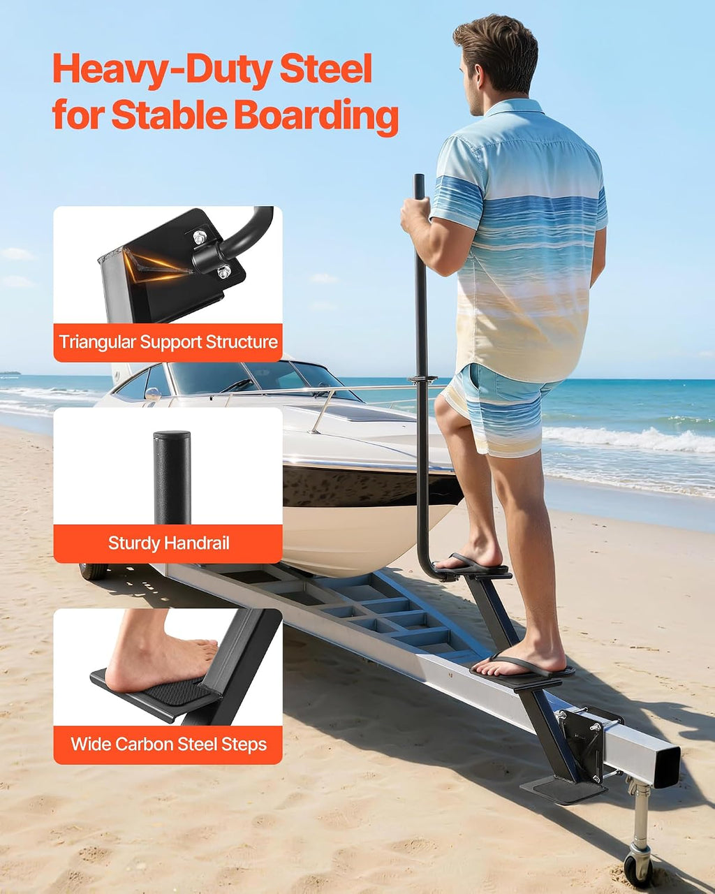 VEVOR Boat Trailer Steps, 3-Step, Heavy-Duty Boat Trailer Steps with Handle, Non-Slip Surface, 3 Mounting Angle Options, Carbon Steel Ladder Suitable for 3' x 3'/3' x 5'/4' x 4' Frame, Side Mounting