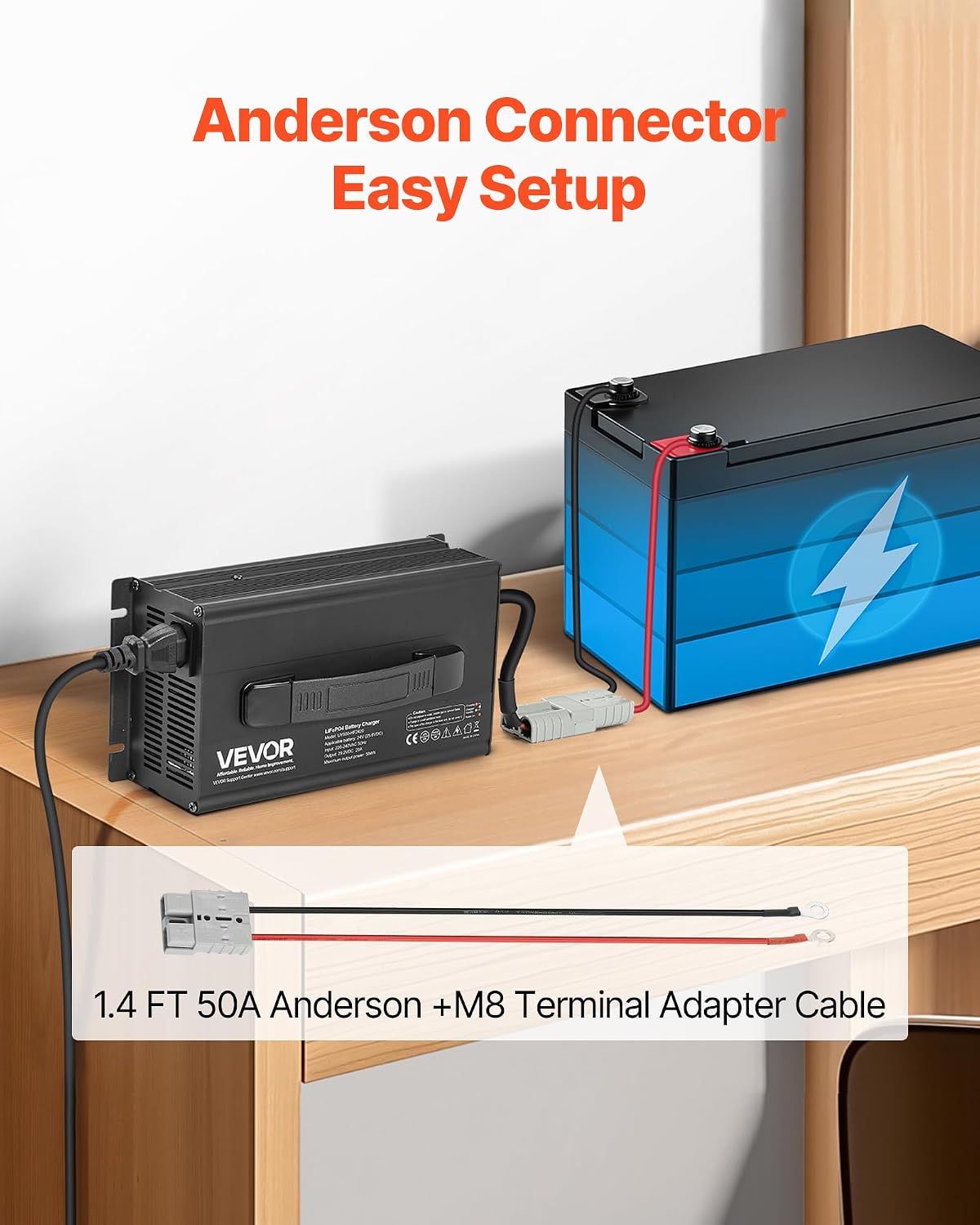 VEVOR 36V 18A Lithium Battery Charger, 43.8V, AC-DC LiFePO4 Smart Charger, with Anderson Connector, LED Indicator, 0V Activation, for Lithium LiFePO4 Deep Cycle Rechargeable Batteries of Boat, RV