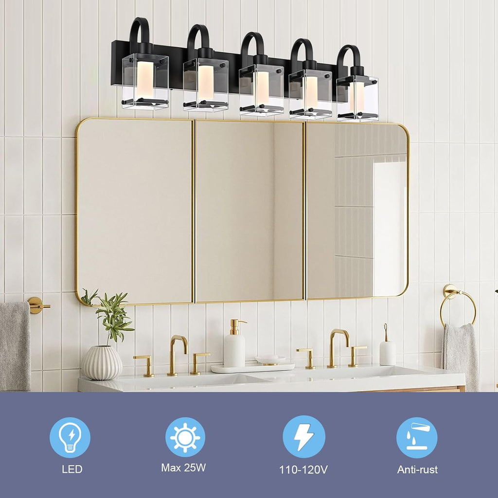 LED Modern Bathroom Vanity Lights, 5 Lights Black Bathroom Light Fixtures for Dressing Room, Integrated LED Chips, Frosted Column with Clear Square Glass Shade, Dimmable Wall Sconce