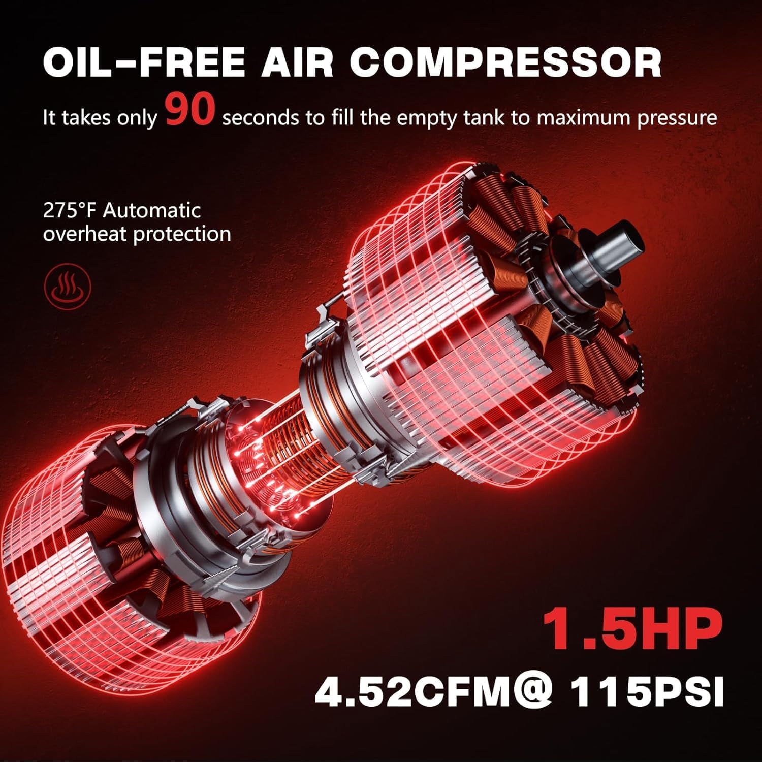 Ultra Quiet Air Compressor 8 Gallon, 1.5HP 4.52 CFM Max 115 PSI Pressure Oil-Free Steel Tank, Air Compressor with 2 Quick Couplers for Auto Repair, Tire Inflation, Spray Painting, Woodwork Nailing