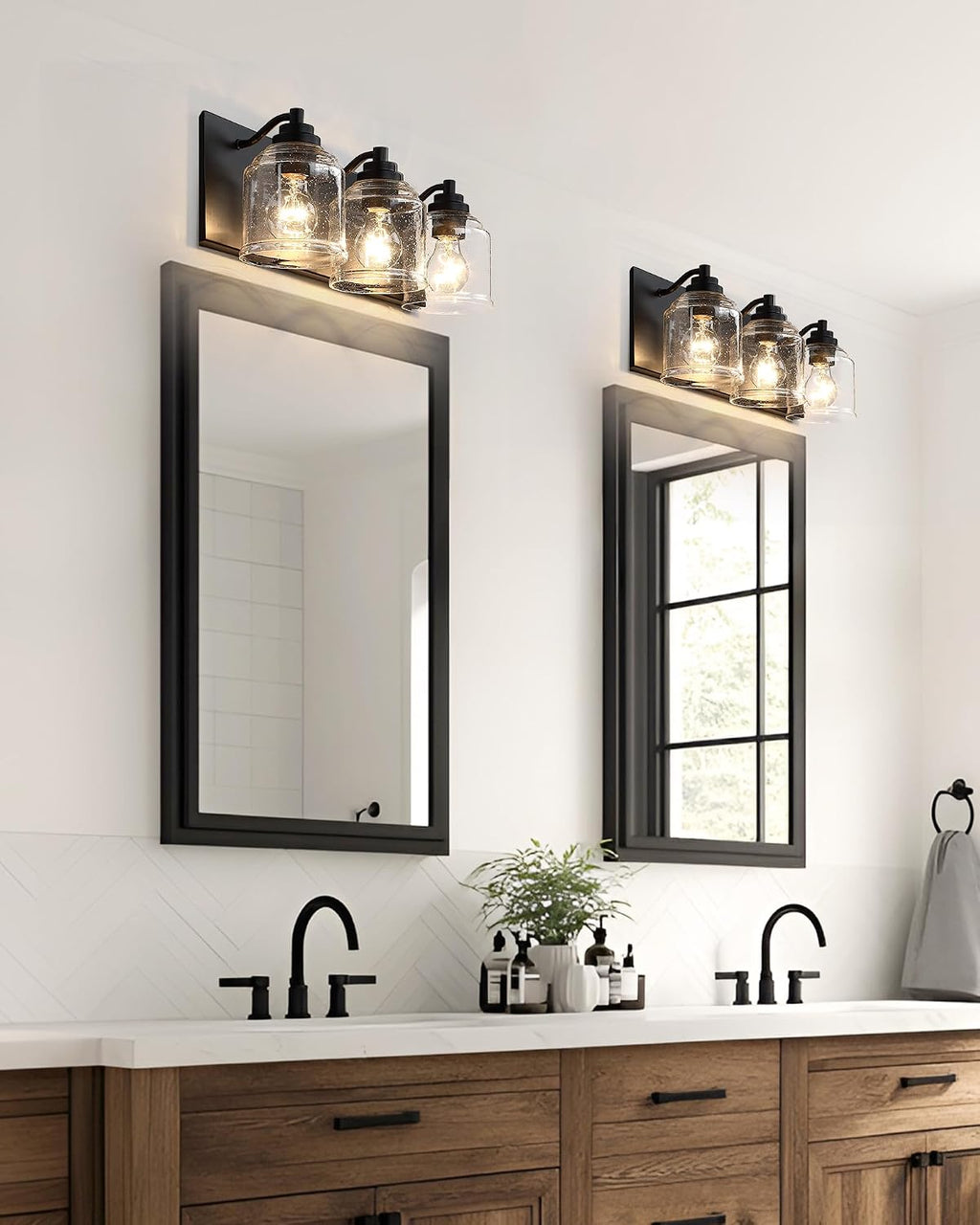 3-Light Bathroom Vanity Light Large 23', Farmhouse Rustic Vanity Lights for Bathroom, Black Bathroom Light Fixtures Over Mirror with Bubble Glass Shades, Metal Wall Sconce Home Decor