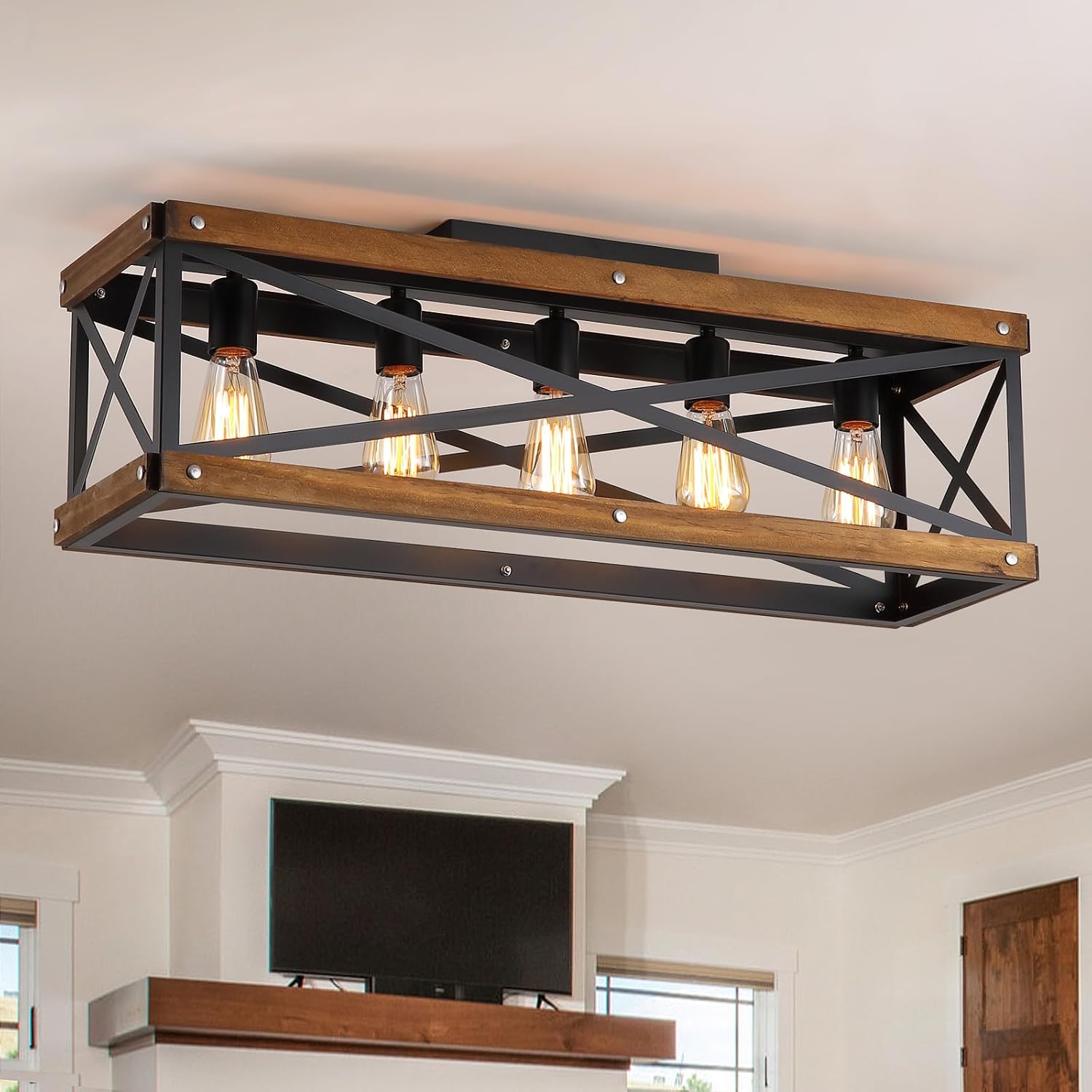 5-Light Large Rustic Farmhouse Wood Flush Mount Ceiling Light Fixture 31.5 inch Oak Wood and Metal Rectangular Track Semi Flush Mount Ceiling Light for Kitchen Living Room Bedroom Indoor, Black