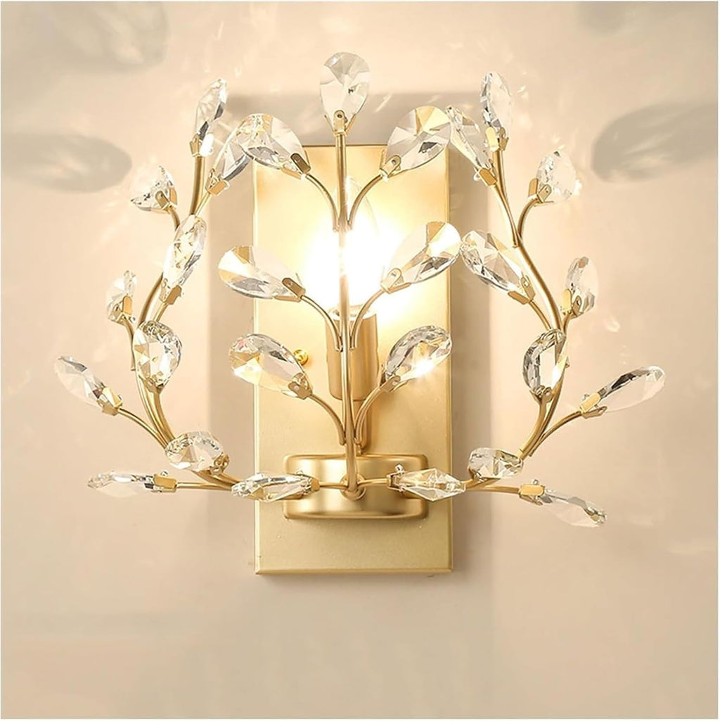E14/E12 Creative Retro Crystal Wall Sconce with Wrought Iron Crystal Branch Design, Wall Mounted Lighting Fixture for Dining Room, Bathroom, Bedroom, Living Room, Entryway(Gold)