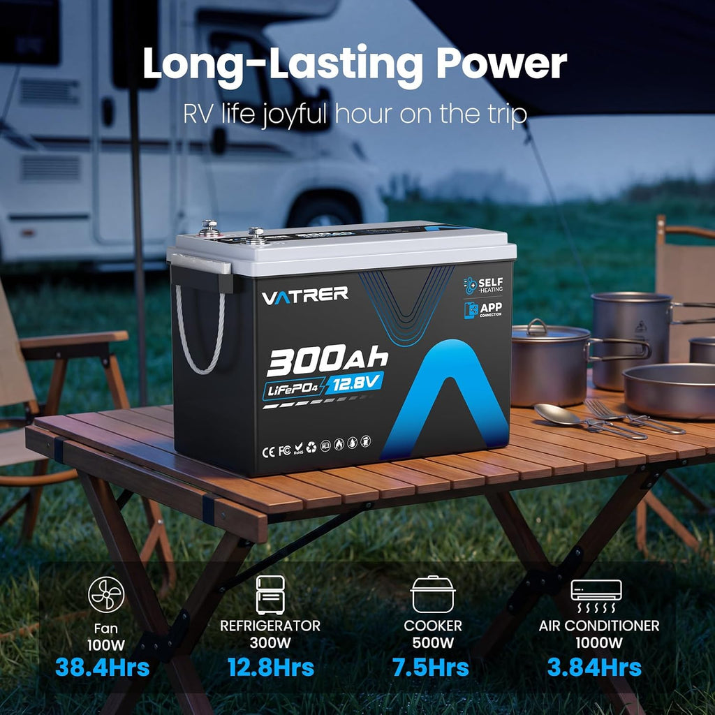 12V 300AH LiFePO4 Lithium Battery with Self-Heating&APP Monitoring, Built-in 200A BMS, Support Low Temp Charging(-4°F),5000+ Cycles, Max 2560W Power, Perfect for RV/Camper, Off-Grid Applications, etc.