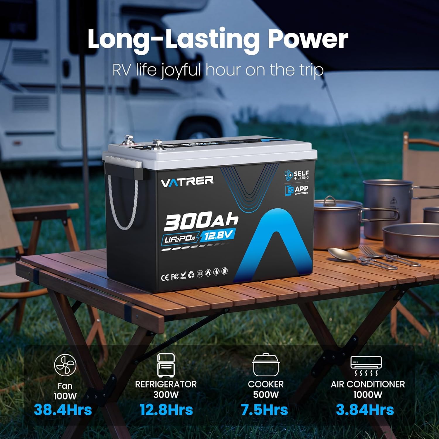 12V 300AH LiFePO4 Lithium Battery with Self-Heating&APP Monitoring, Built-in 200A BMS, Support Low Temp Charging(-4°F),5000+ Cycles, Max 2560W Power, Perfect for RV/Camper, Off-Grid Applications, etc.