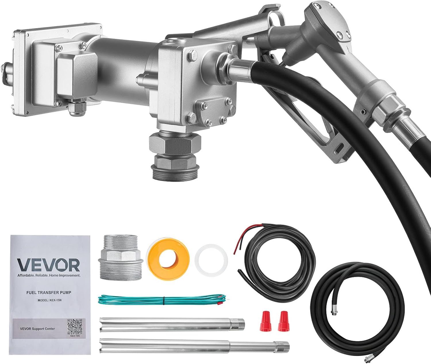 VEVOR Fuel Transfer Pump, 12V DC 15 GPM, Cast Iron Diesel Transfer Pump Kit, with Manual Shut-Off Nozzle, Discharge Hose, Overheat Protection, 1/3 HP Explosion-Proof, for Gasoline Diesel Kerosene