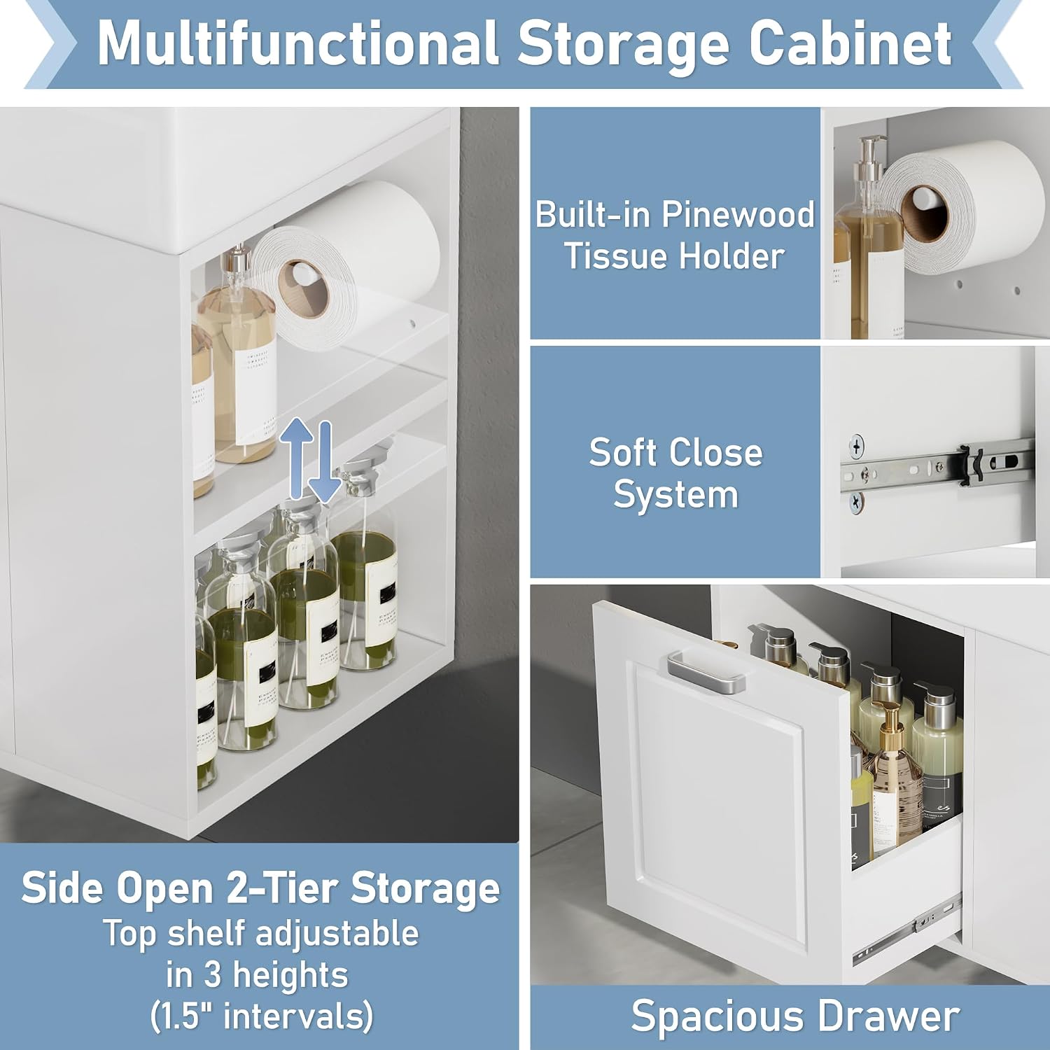 21.8-inch Bathroom Vanity with Sink, Wall-Mounted Single Storage Cabinet with One Big Drawer & Left Two-Tier Shelf, Solid Wood Vanity Organizer with Ceramic Sink for Bathroom, White