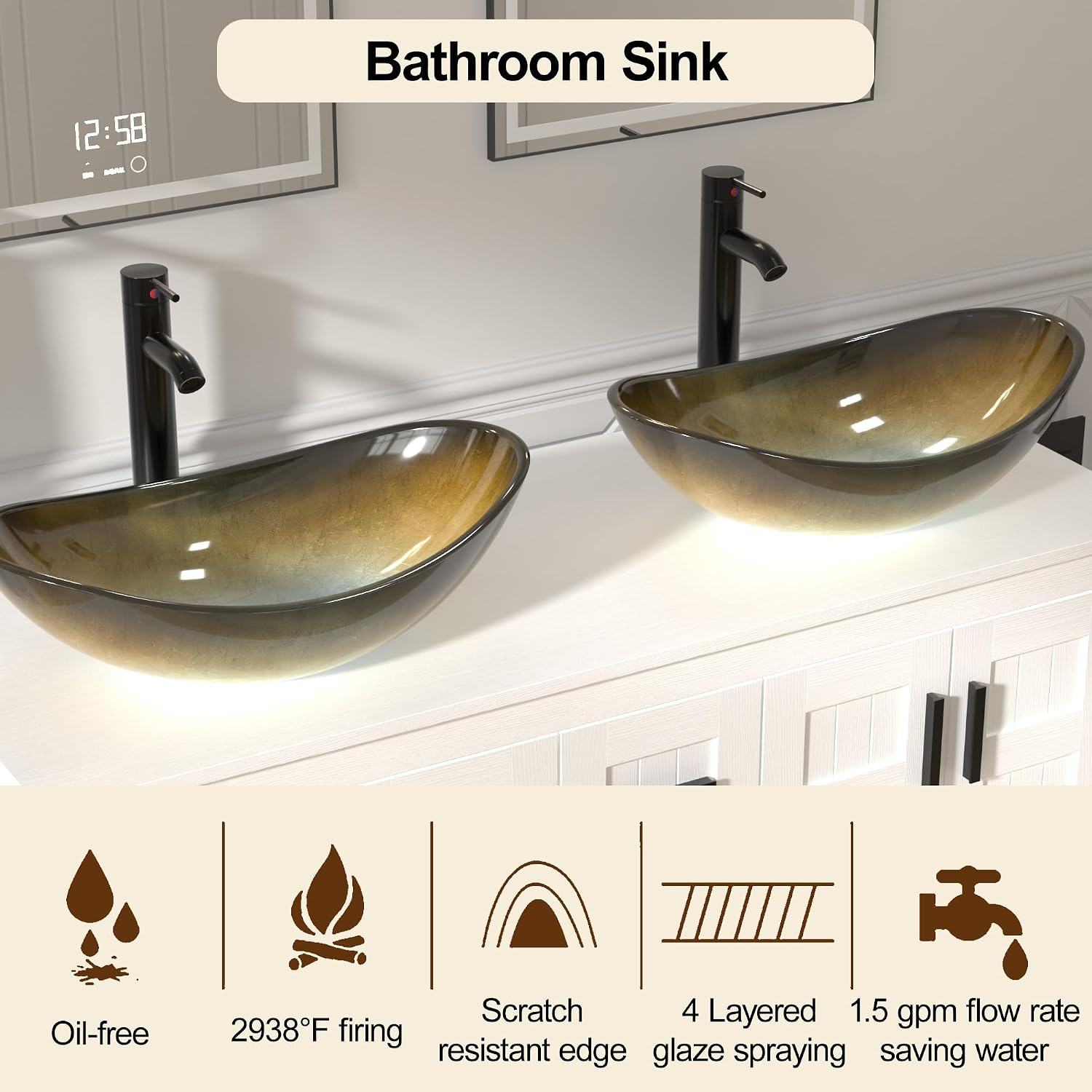 UEV 48' Bathroom Vanity with Sink Combo,Modern Freestanding Sink Cabinet with 3 Drawers,Stylish Bathroom Vanity Cabinet,Grooved Door,Metal Handles,Vessel Sink (Champagne Boat, 48''Black)