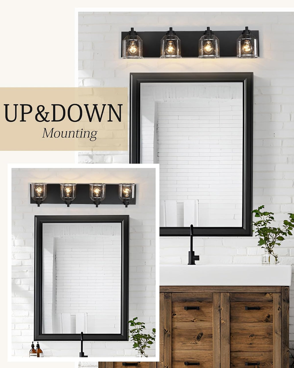 Vanity Lights for Bathroom Large 31.5', Farmhouse Rustic Vanity Light with Bubble Glass Shades, Black 4 Light Bathroom Lighting Fixtures Over Mirror, Bath Wall Sconce Home Decor
