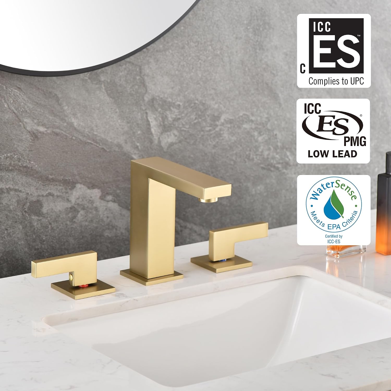 sumerain Brushed Gold 8 Inch Widespread Bathroom Faucet 2 Handle Lavatory Faucet Solid Brass, with Quick Connect Hose