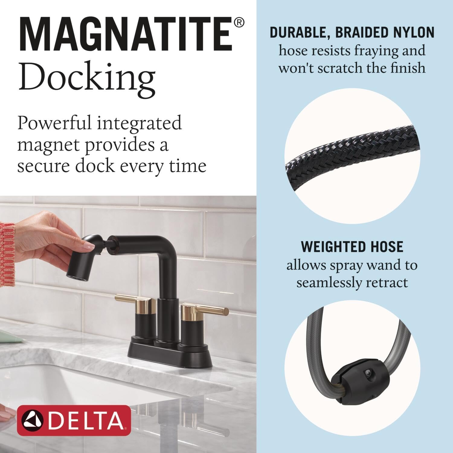 Delta Nicoli Centerset Matte Black/Brushed Gold Bathroom Faucet with Sprayer, 4 Inch 3 Hole Bathroom Sink Faucet with Pull Out Sprayer, Push-Pop Drain, Matte Black/Champagne Bronze 25849LF-GZPD